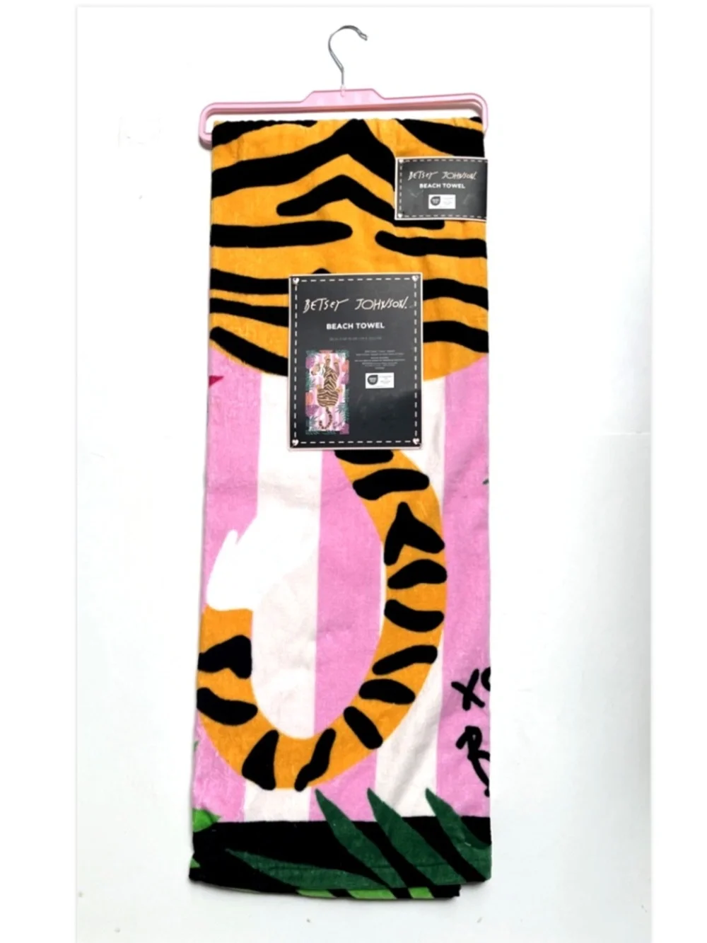 Betsey Johnson Beach Towel Tiger Tropical Pink Striped 36x68 Cotton NWT